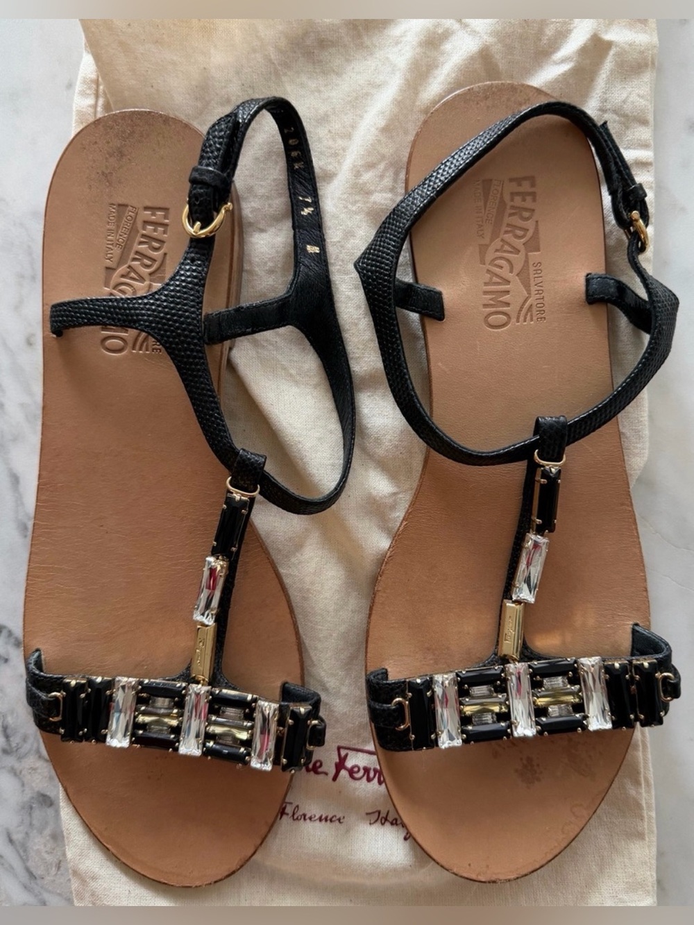 Salvatore Ferragamo Black Jeweled T-Strap Leather Sandals
